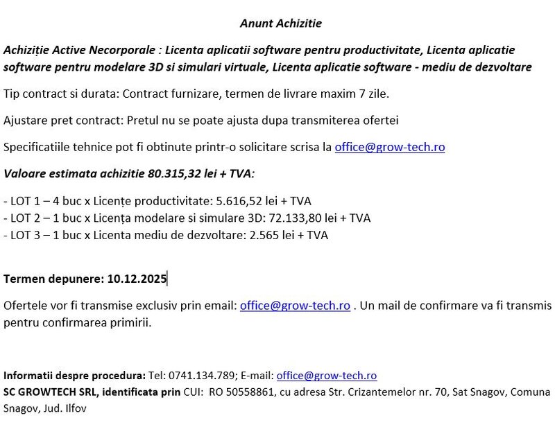 Anunt procedura achizitie licente software,